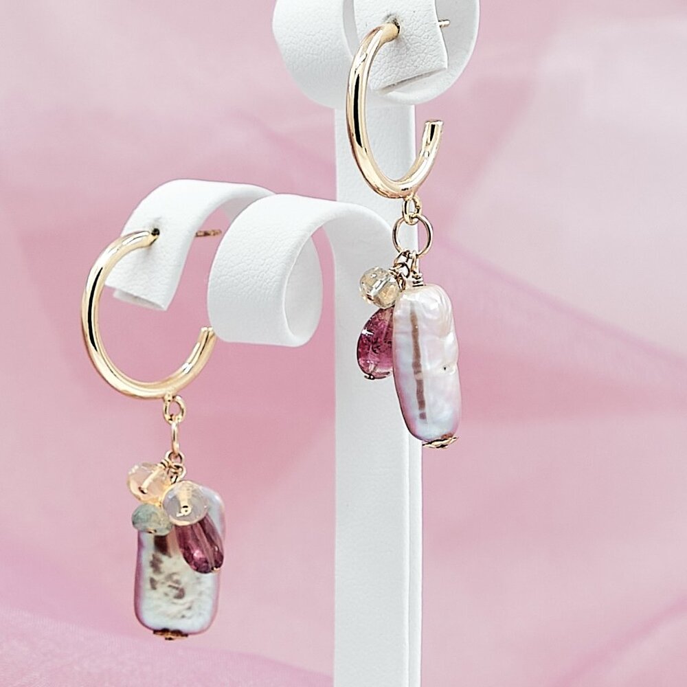 Baroque Pearl & Opal Tourmaline Cluster Earrings, 14K Gold Filled